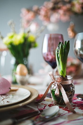 lucu, pink, dekorasi, bunga, catkins, telur, meja Paskah, meja, manis, liburan, ornamen