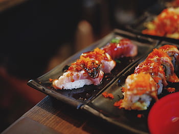 sushi rolka, Černá, deska, sushi, jídlo, krevety, rýže, japonský, restaurace, jíst, oběd
