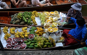 berbagai macam, buah-buahan, perahu, siang hari, memasak, makanan, perjalanan, tropis, thailand, air, asia