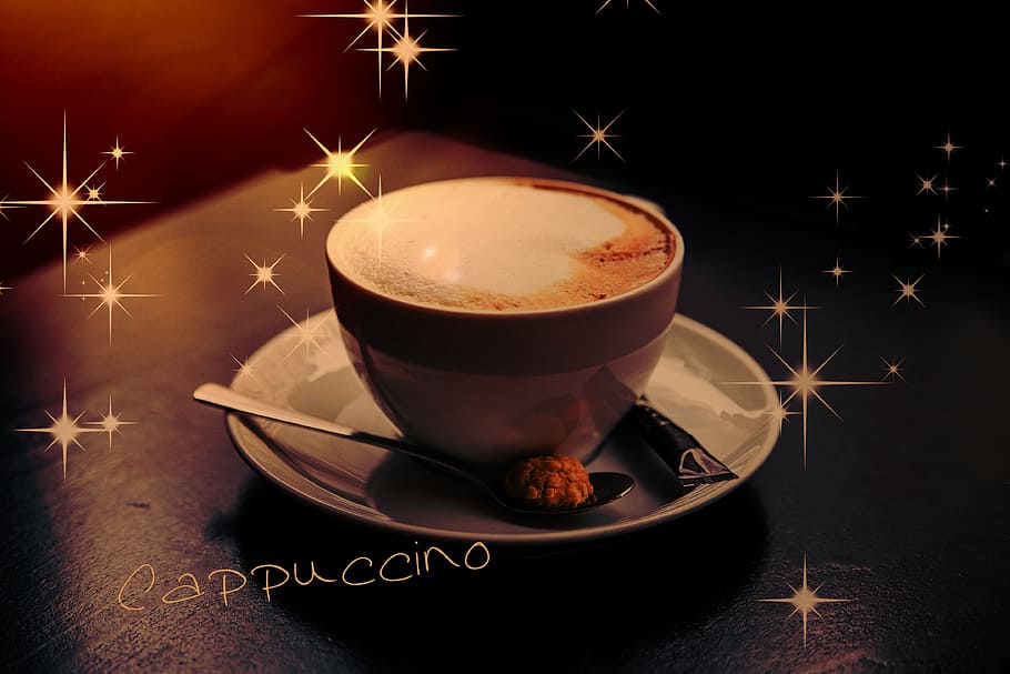bílý, pohár, latte, umístěny, Černá, stůl, cappuccino, kávový šálek, osvětlení, káva, napít se