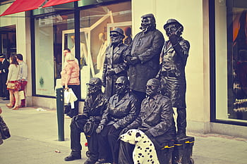 street performers, street artists, performing, buskers, busking, black paint, people, men, dalmatian, dog, sidewalk
