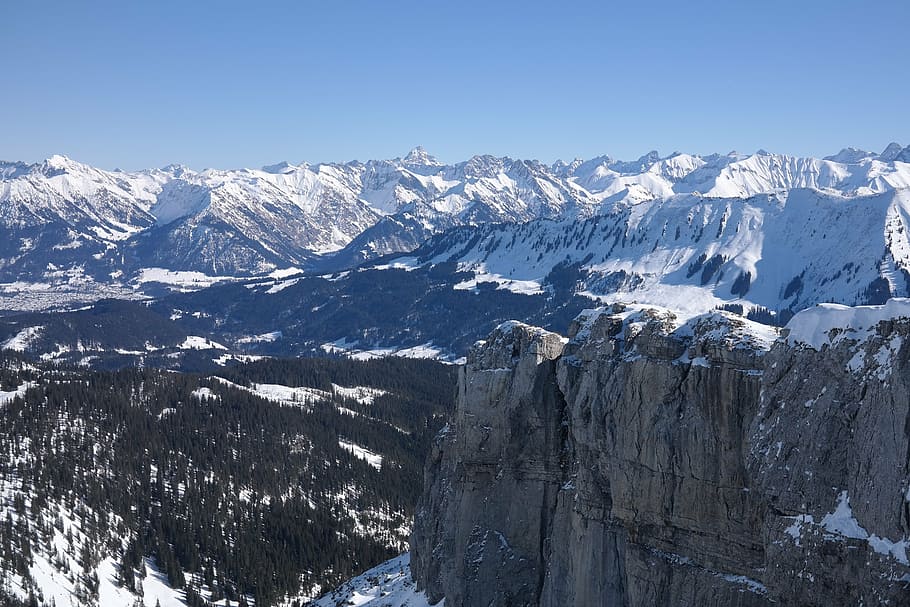 skalní stěna, propast, Skála, strmé, nebezpečný, dveřní roh, hory, allgäu, backcountry lyžování, lyže, prohlídka