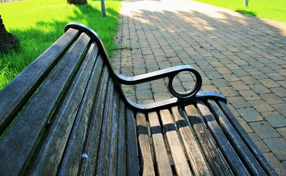 park, green, path, paving, bench, wooden, rest