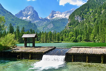 natura, paesaggio, montagne, stagno, stramazzo di legno, stagno schierato, Hinterstoder-austria