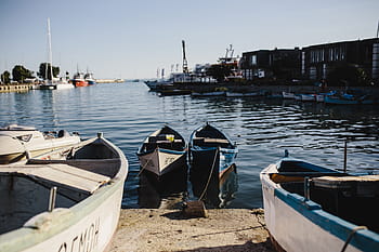Barcos de pesca ancorados, marina, velha, cidade, Barcos de pesca, Cidade Velha, Nessebar, Bulgária, mar, verão, água