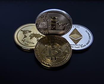quattro, monete di criptovaluta, posto, nero, superficie, moneta, ricchezza, oro, attività commerciale, finanza, cryptocurrencies