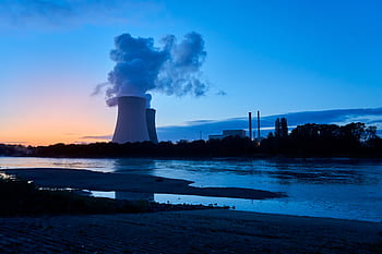 nuclear power plant, cooling tower, sunrise, blue hour, mood, rhine, river, low tide, nuclear power, atomic energy, smoke