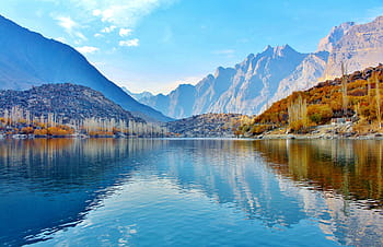 hnědý, stromy, jezero, během dne, modrý oceán, fotografování, strom, Pákistán, Příroda, krajina, les