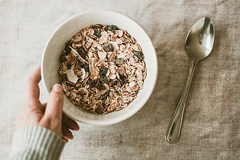 woman, holding, muesli, cereal, breakfast, spoon, bowl, healthy, food
