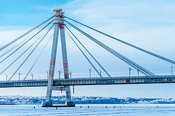 suspension bridge, blue, sky, white, bridge, daytime, sea, ocean, water, nature, horizon