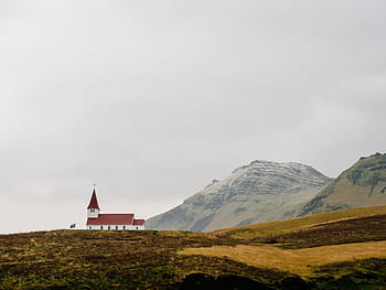 church, cross, red, roof, grey, sky, mountains, cliffs, hills, fields, valleys