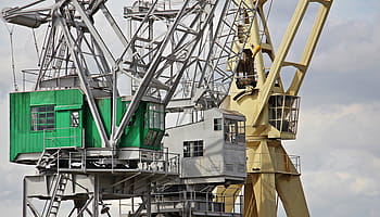 three tower crane, harbour cranes, sky, clouds, industry, port, cranes, shipping, loading cranes, transport of goods, transport