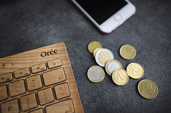 teclado, iphone, teclado de madeira, oree, moedas, dinheiro, moeda, união europeia, euro, europeu, união