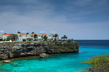 houses, body, water, trees, near, beach, daytime, ocean, sea, tropical, paradise