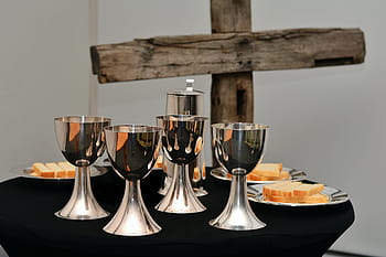 four silver goblets, last supper, the bread and wine, eucharist chalice, supper dishes, passion, celebration of holy communion, the breaking of bread, christian faith, cross, church
