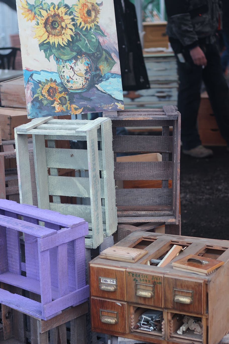 wooden boxes, flea market, old, figure, market, stuff