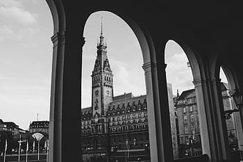 hanseatické město hamburg, radnice, alsterarkaden, hamburgensien, černobílé fotografie, b w, hh