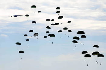 aereo, persone, paracadute, cielo, Fayetteville, Carolina del Nord, nuvole, paracadutismo, aerotrasportato, esercito, militare