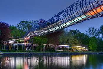 slinky springs to fame, bridge, oberhausen, imperial garden, north rhine westphalia, ruhr area, the rhine herne channel, water, summer, spiral, architecture