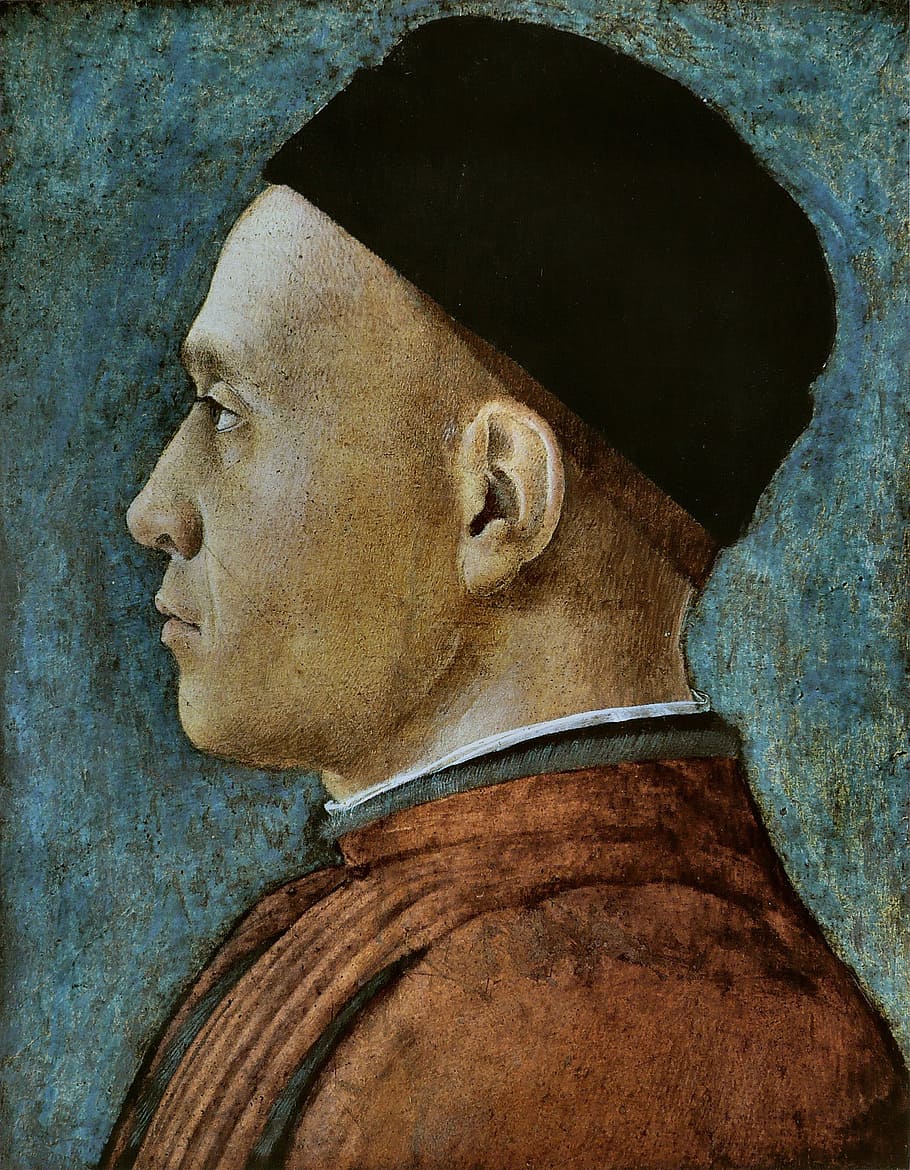 andrea mantegna, portrait d'homme, man, painting, historic, museum, portrait, artwork, canvas