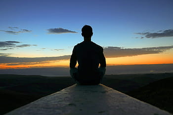 silhouette photo, man, concrete, floor, meditation, view, sunrise, sky, peace, happy, yoga