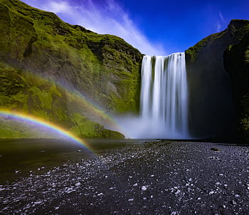 Skogafoss, Izland, nappal, folyó, vízesések, szivárvány, hegy, tájkép, felvidéki, természet, ég