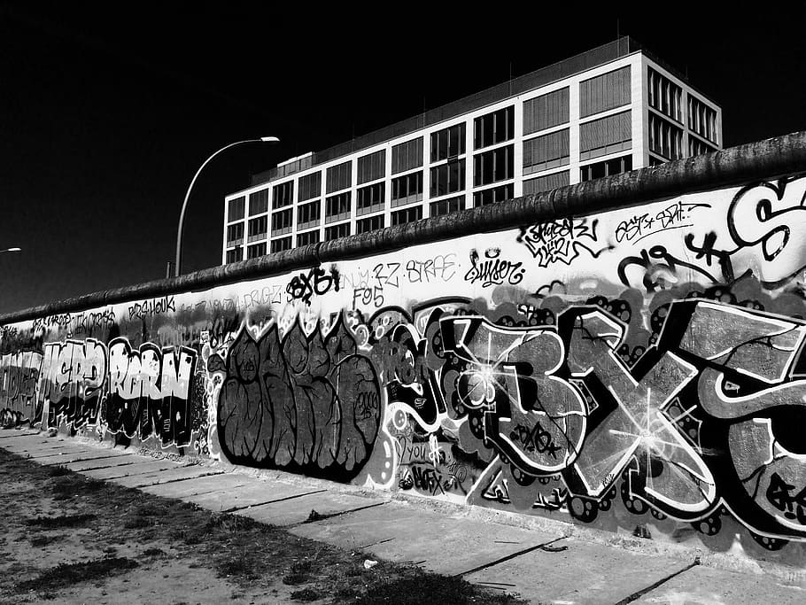 Německo, Berlínská zeď, graffiti, Evropa, Berlín, zeď, hlavní město, město, Černá, bílý, pouliční umění
