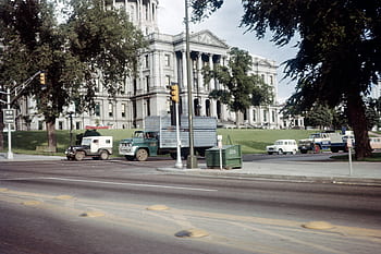 street, cars, jeep, truck, vintage, traffic, light, building, road, trees, old