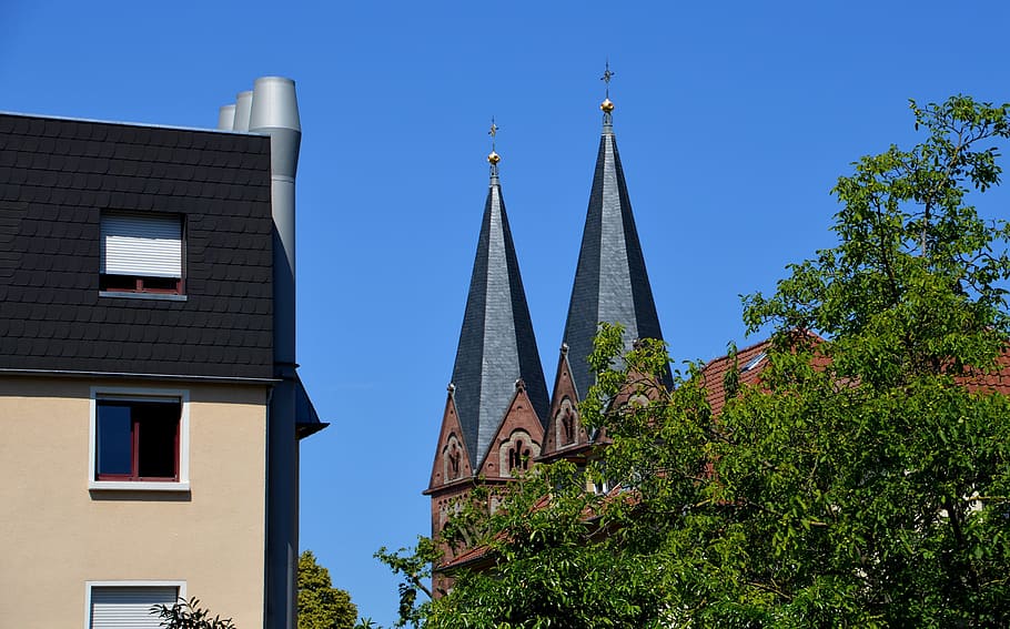 Gereja, Menara, Heidelberg, Weststadt, rumah, bangunan, arsitektur, balkon, fasad, gaya arsitektur, semak-semak