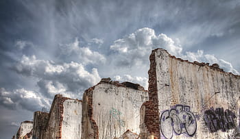 gray, white, concrete, walls, cloudy, sky, hdr, destroyed area, old factory, desolate, abandoned area