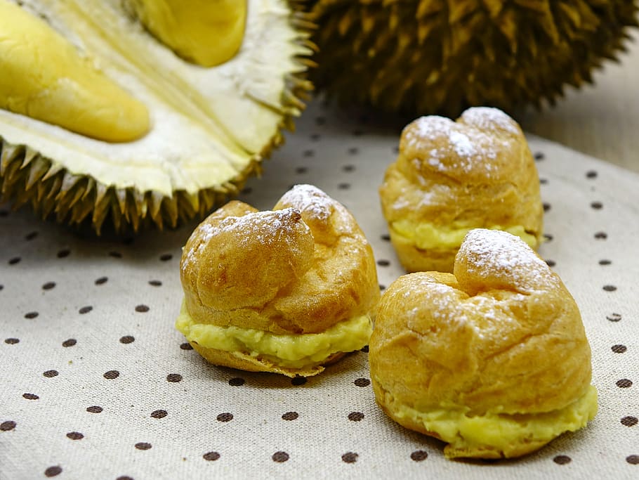 tři, pečený, chleby, vedle, durian ovoce, durian puff, pečivo, pekařství, krém, dezert, durian
