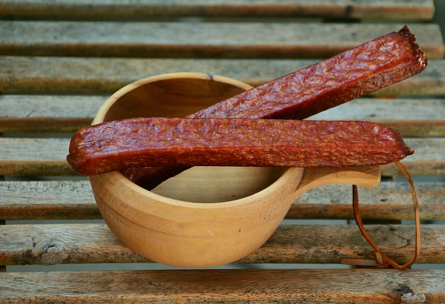 landjäger, sausage, cured meats, hearty, spicy, mettwurst, wood cup, food, wood - Material