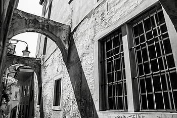 building, concrete, wall, window, sill bars, arches, architecture