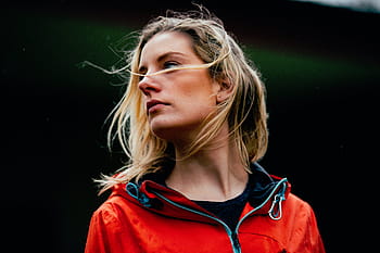 woman, red, jacket, photographed, people, girl, lady, blond, orange