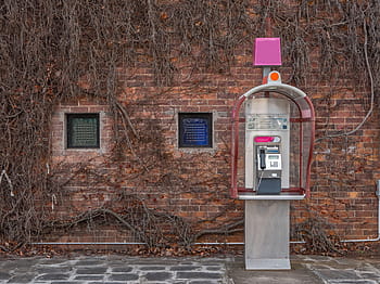gray, brown, brick wall, Payphone, Phone, Public, Street, urban, telephone, communication, city