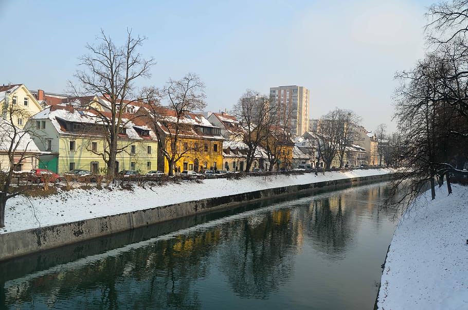 Ljubljana, Slovenia, Snow, Winter, City, winter, city, landscape, channel, reflection, building exterior, water