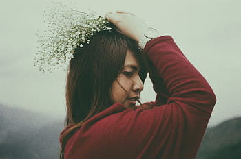 žena, hospodářství, bílý, květiny, Červené, svetr, okvětní lístek, hlava, soustředit se, fotografování, lidé