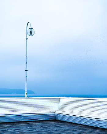 lamp, turned, water, white, metal, post, blue, sky, ocean, sea, coast