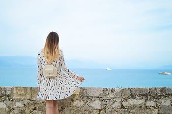 woman, wearing, white, blue, green, long-sleeved, mini dress, girl, lady, female, holiday