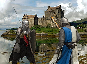 two, men, wearing, armor, castle background, knights, medieval knights, medieval, swords, weapons, history
