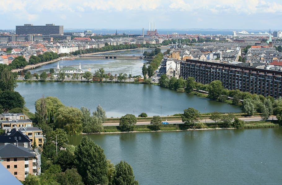 Copenhagen, View, City, Denmark, Hust, Up, hust up, summer, lakes, houses, river