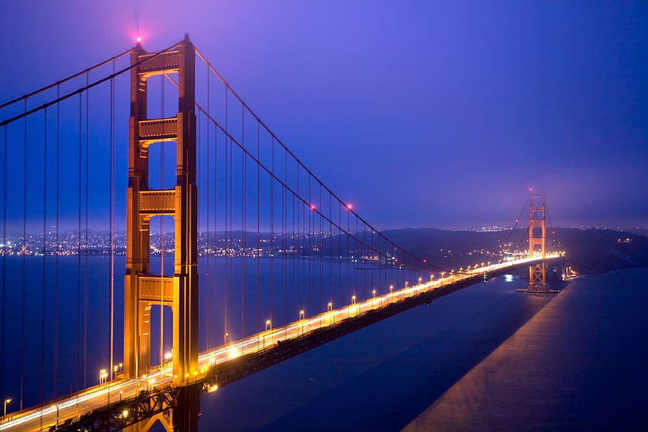 bridge, dusk, sky, suspension bridge, architecture, golden gate bridge, golden gate, san francisco, california, cable, water