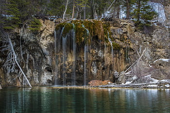 marrón, acantilado, cuerpo, agua, cascada, corriente, naturaleza, verde, hierba, paisaje, rocas