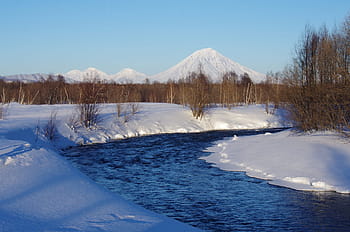 volcanoes, mountains, river, forest, winter, snow, trees, landscape, nature, travel, height