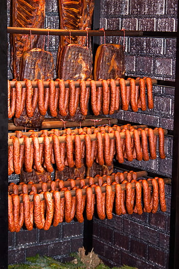 smoking, bratwurst, sausage, food, smoked, hearty, red sausage, eat, smoking oven, heat