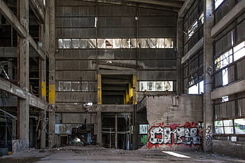 šedá, beton, budova, interiér, graffiti, opuštěné továrny, opuštěný, továrna, průmyslový, konstrukce, starý