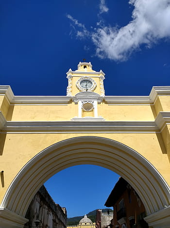 yellow, white, concrete, arch, blue, gray, skies, architecture, outdoors, travel, sky