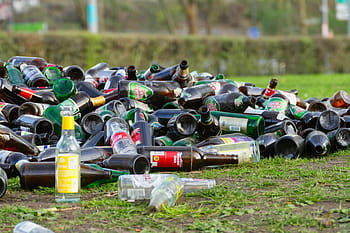pile, glass bottles, green, grass field, bottles, waste, garbage, throw away society, environmental protection, recycling, mortgage