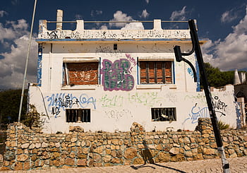 abbandonato, costruzione, graffiti, vernice spray, pietre