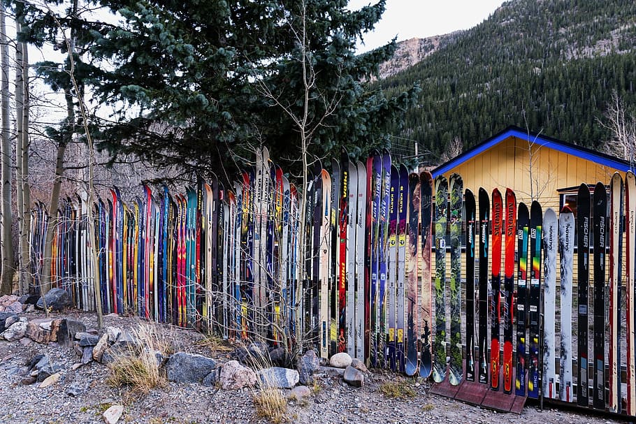 Idaho Springs, Colorado, Skis, Fence, idaho springs, colorado, unique, different, mountains, nature, outside, outdoors